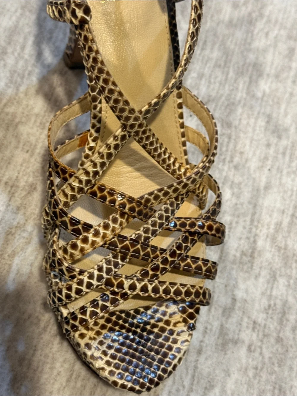 Women’s 7.5 Snake-Print Strappy Heels in Brown and Tan with platform